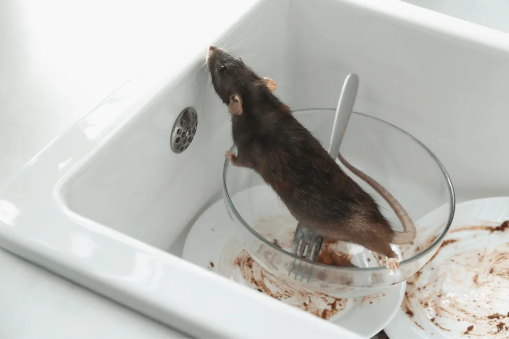 Un piccolo topo dentro un lavandino dove ci sono piatti sporchi