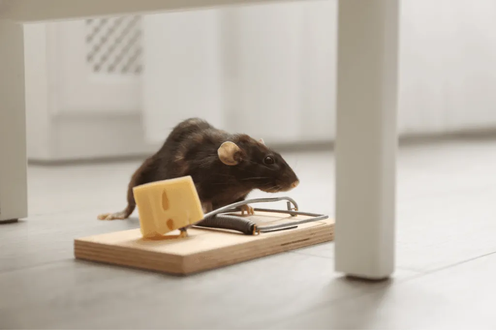 Un topolino vicino ad un'esca attirato dal pezzo di formaggio