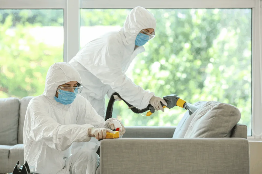 Due disinfestatori che sanificano un divano