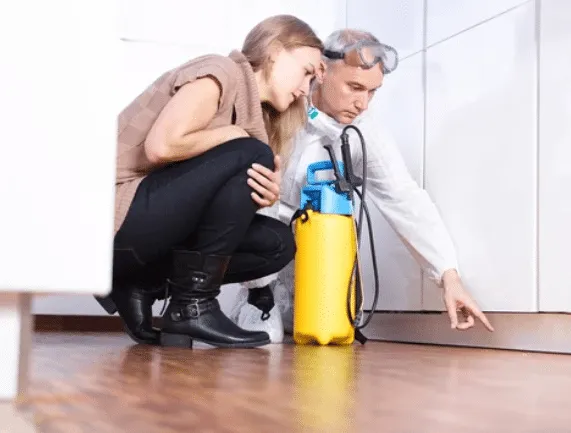Un disinfestatore che mostra alla cliente il luogo di nidificazione