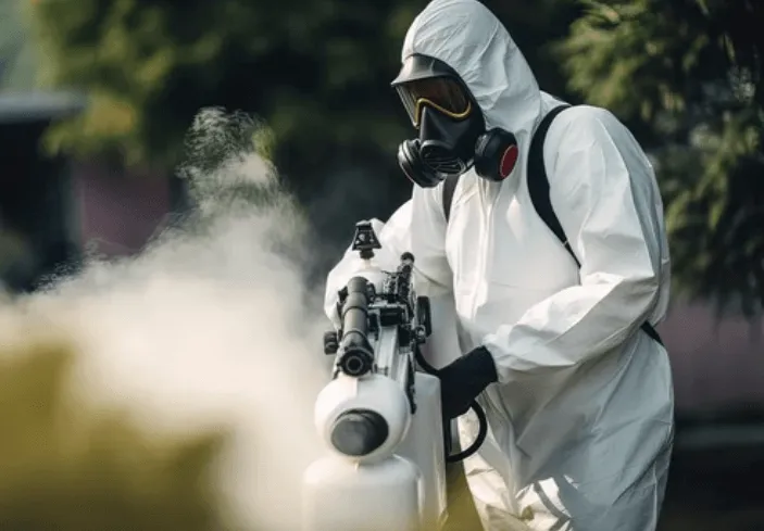 Disinfestatore che, accuratamente vestito, usa il nebulizzatore all'esterno