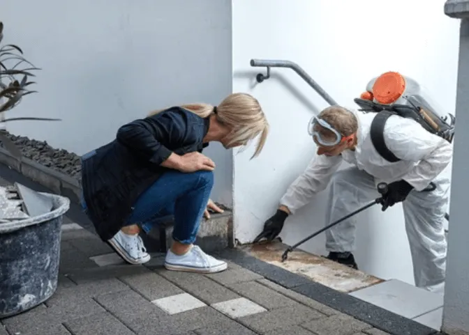Foto di una donna con un disinfestatore che controllano un possibile punto di infestazione blatte