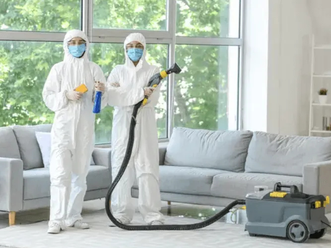 Due disinfestatore, accuratamente protetti, che posano vicino ad un divano con la loro attrezzatura professionale