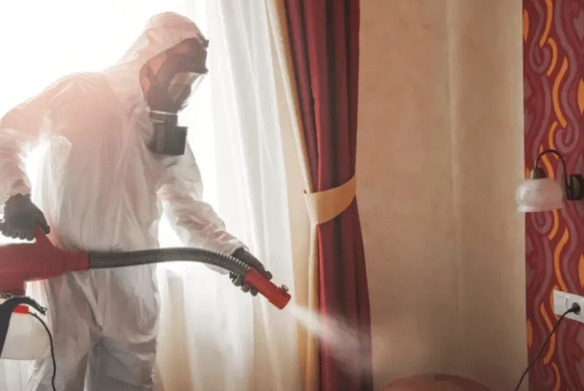 Un disinfestatore che effettua una disinfestazione in una camera d'hotel