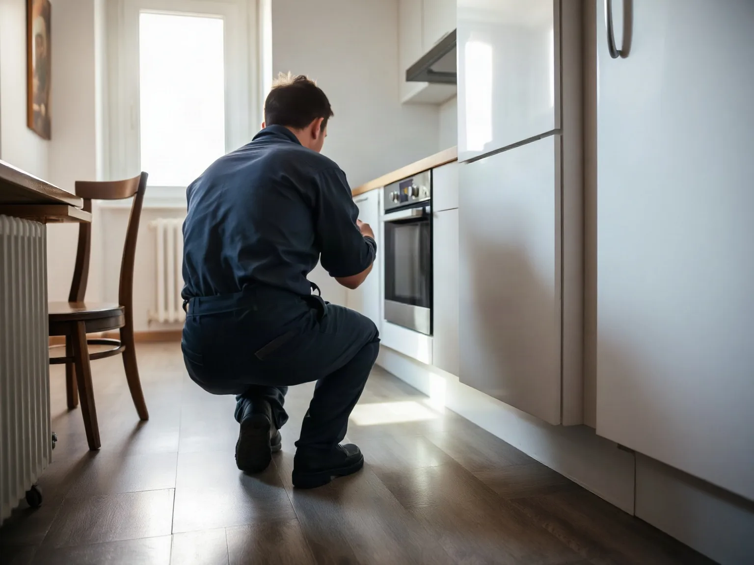 Un uomo in tuta blu scura, visto di spalle, accovacciato in una cucina luminosa controlla la base dei mobili accanto al forno