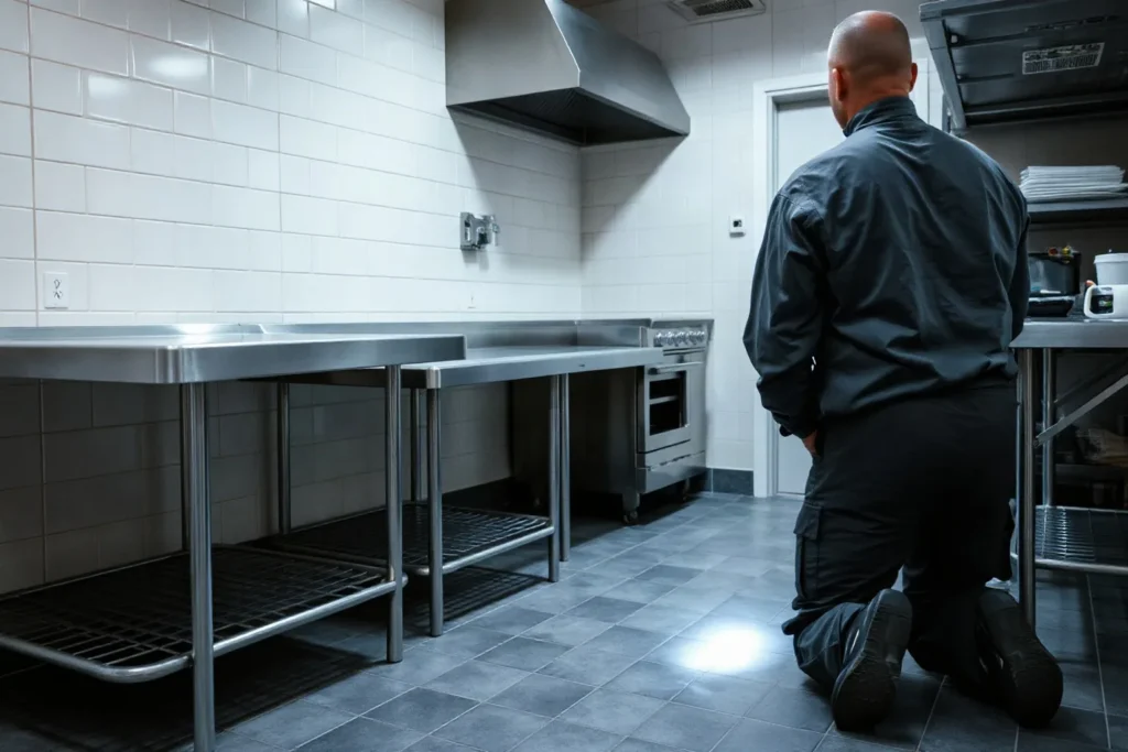 Un uomo in divisa grigio scuro, visto di spalle, inginocchiato in una cucina professionale illumina con una torcia l'angolo del pavimento accanto ai tavoli d'acciaio