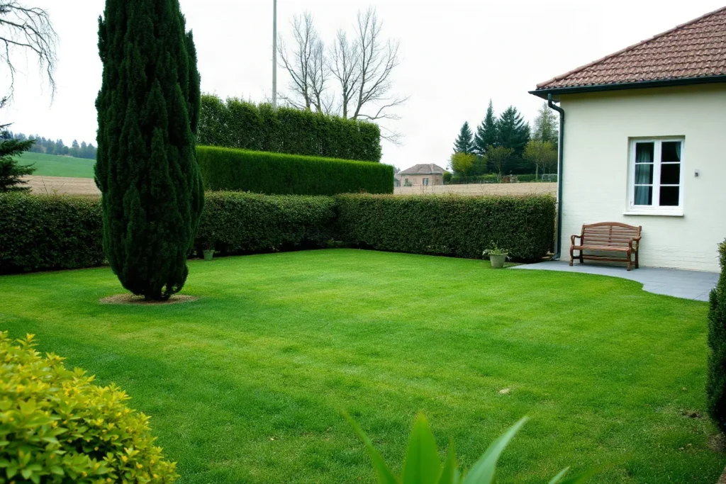 Il prato curato di una villetta di campagna, con una siepe, un cipresso e una panchina di legno davanti alla casa